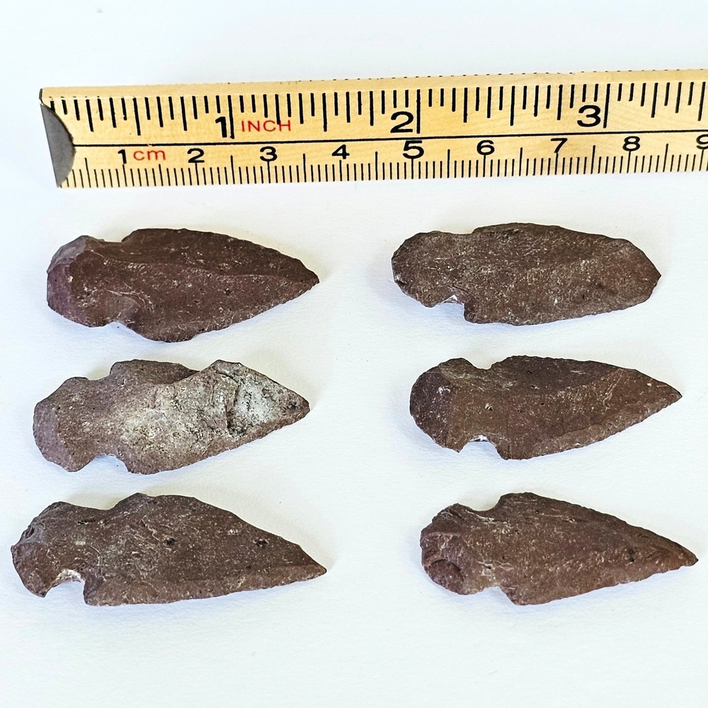 6pc Brown Stone Arrowhead Set Hand Knapped 1.5 Inch Primitive Lithic Decor